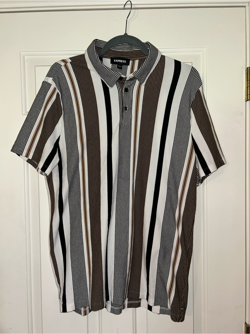 Express Men’s Brown, Black & White Vertical Stripe Polo